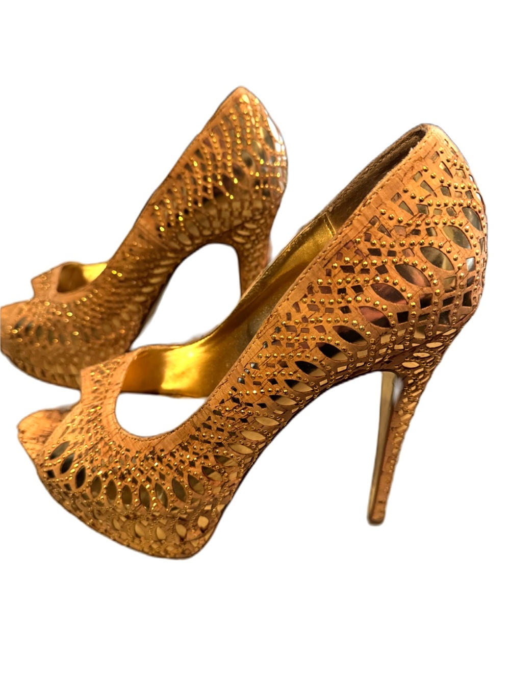 bebe Gold Laser-Cut Peep-Toe Stiletto Heels with Rhinestone Detail